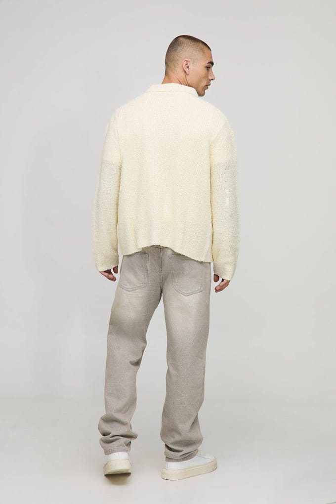 Boxy Fit Geborsteld Gebreid Shirt | Ecru | Size Medium