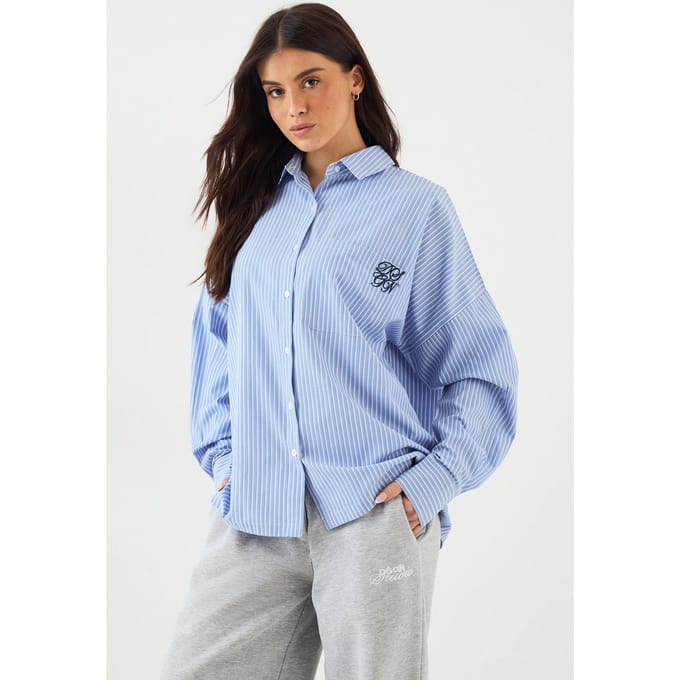 Dames DSGN Studio Oversized Katoenen Poplin Gestreept Overhemd | Blue | Maat: 2XL