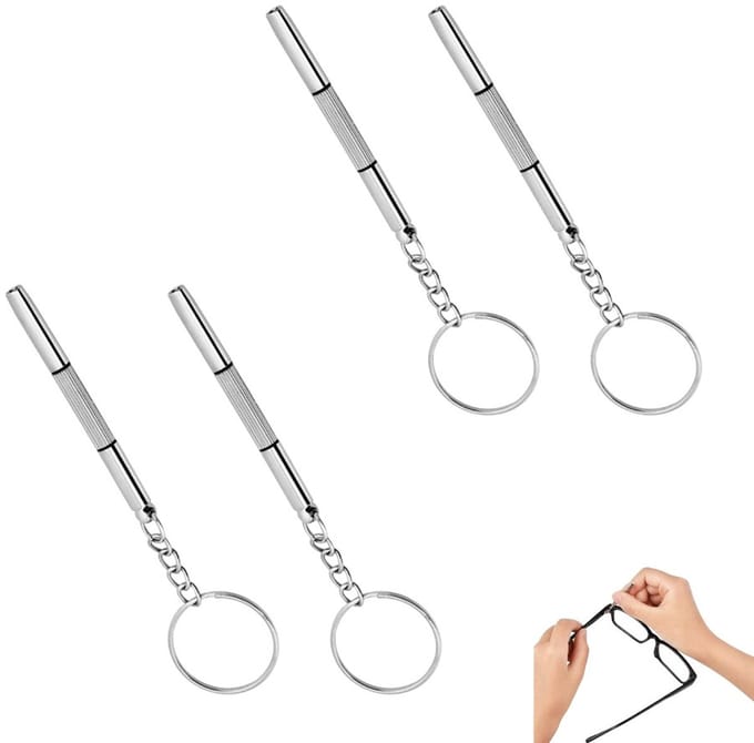 4-Pack 3 in 1 Bril Schroevendraaier, Mini Schroevendraaier, Sleutelhanger voor Horloges, Brillen (Zilver, 6cm)