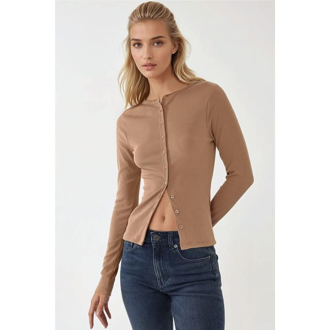 Getextureerde Brei Slim Fit Lange Mouwen Blouse met Knopen