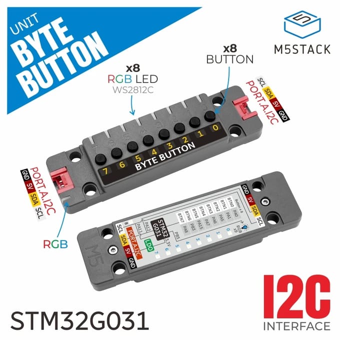 M5Stack officiële byte-knopunit wf 8x knoppen (STM32G031)
