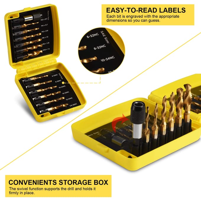 Veelzijdige 13-delige Titanium Boor-Tapschroef Bit Set, 3-in-1 Functionaliteit, Snelwissel, SAE/Metrisch