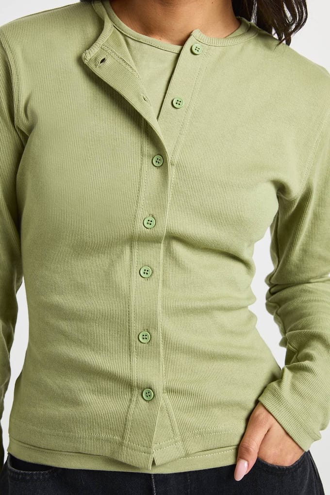 boohoo Dames Geribbelde Dubbele Laag Doorknoop Top | Olive | Maat: 6