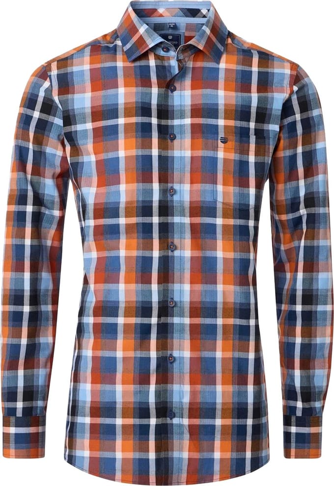 Redmond comfort fit overhemd - dobby - oranje met blauw en wit geruit