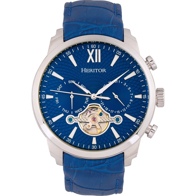 Heritor Automatic Arthur Semi-Skeleton leren band horloge met dag/datum - zilver/blauw