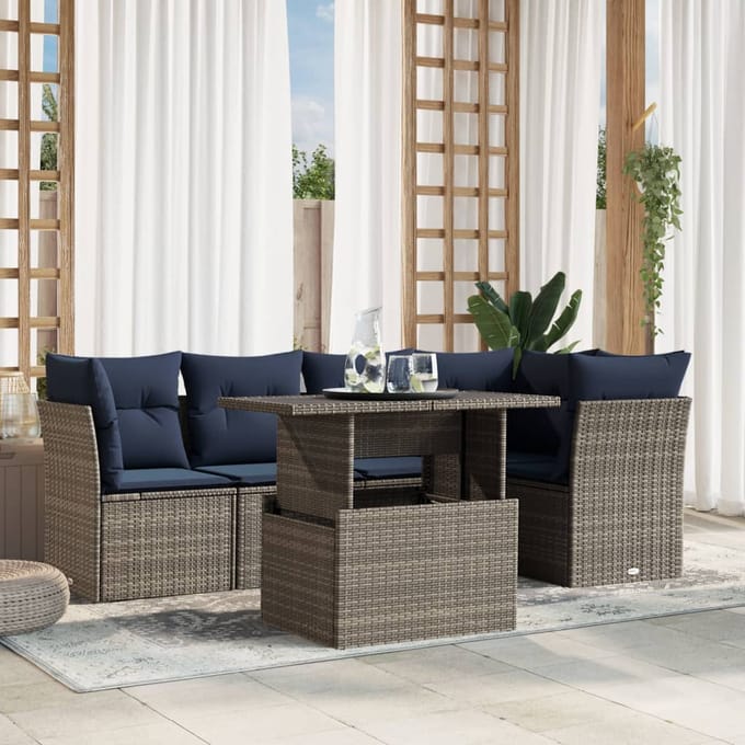vidaXL - 6-delige - tuinbankset - met - kussens, - grijs - polyrotan