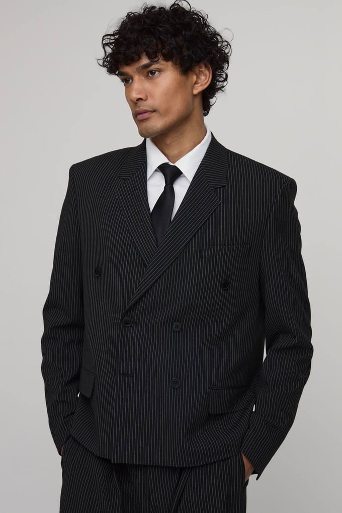 Pinstripe Oversized Boxy Double Breasted Blazer | Black | Size 44