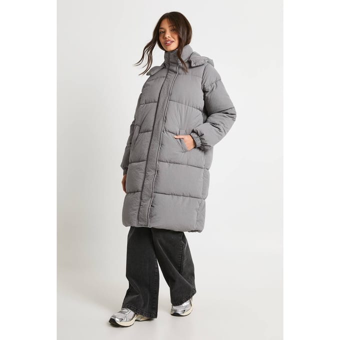 boohoo Dames Getextureerde capuchon maxi puffer | Grey | Maat: 8