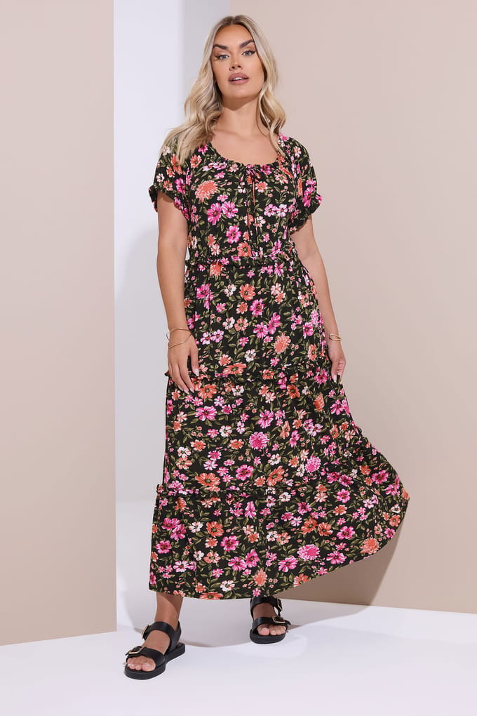 Yours Zwarte Maxijurk Met Bloemenprint En Ruches Size 46
