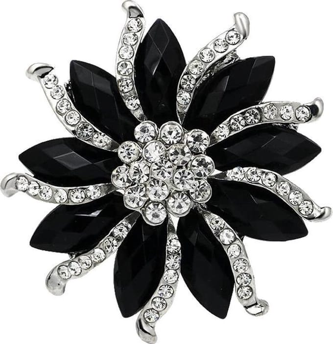 Fako Bijoux - Broche - Bloem - Ster - Kristal - Zwart - 57mm - Zilverkleurig