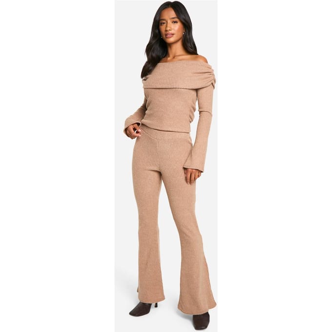 boohoo Dames Petite Geborstelde Rib Foldover Flare Broek | Camel | Maat: 42