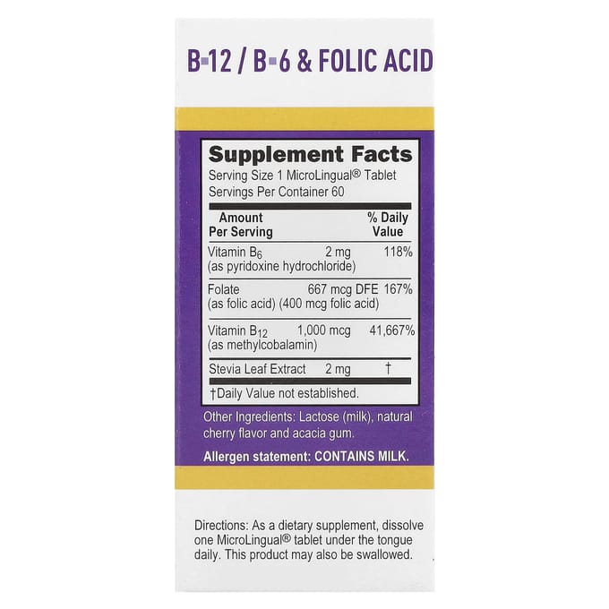 Methylcobalamine B-12, B-6 en Foliumzuur, Microlingual® Snel Oplossende Tabletten, 60 Tabletten