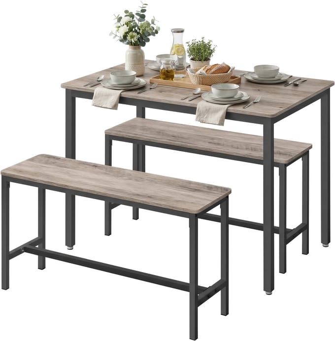 VASAGLE - Eetset - Eettafel met Stoelen - Eettafel met 2 Banken - Industrieel Design - Stalen Frame