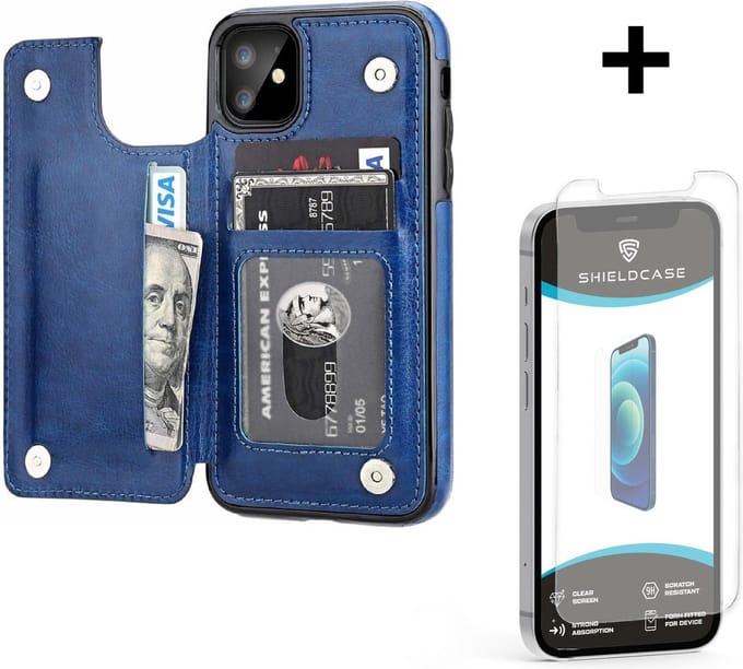 ShieldCase Wallet case geschikt voor Apple iPhone 12 Mini - 5.4 inch - ruimte voor pasjes - pasjeshouder - portemonnee - blauw + glazen Screen Protector
