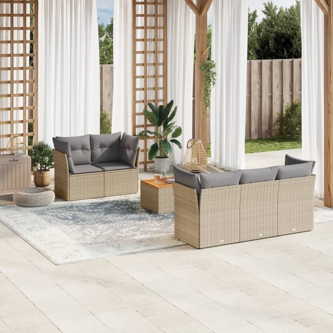 vidaXL - 6-delige - Loungeset - met - kussens - poly - rattan - beige