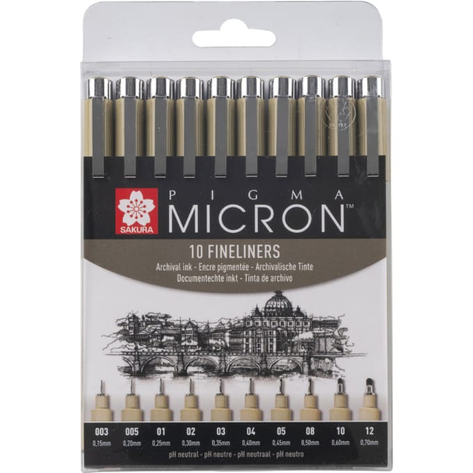 Fineliner Sakura Pigma Micron set à 10 schrijfbreedtes zwart
