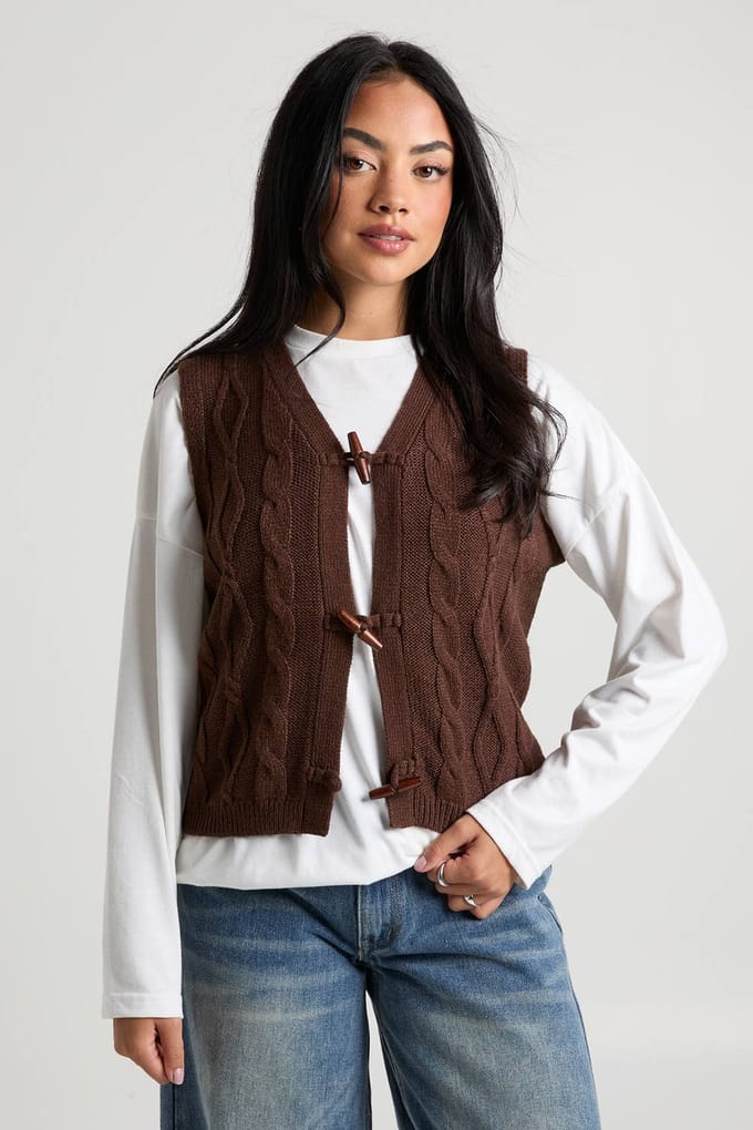boohoo Dames Toggle Button Kabelgebreide Waistcoat | Chocoladebruin | Maat: Medium