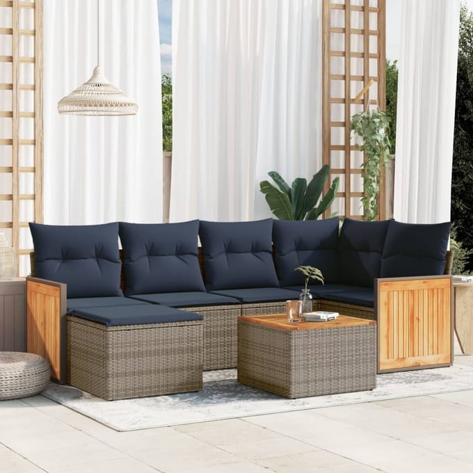 vidaXL - 7-delige - tuinbankset - met - kussens, - grijs - polyrotan