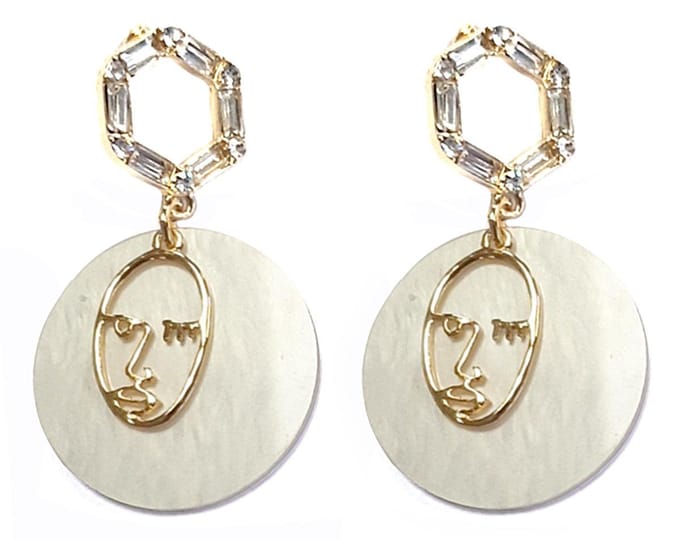 Oorbellen Abstract Gezicht - Picasso - 5x3 cm - Wit en Goudkleurig