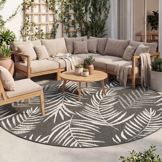FRAAI Rond buitenkleed - Malta Leaves Zwart | Budgettopper! - Ø 100cm