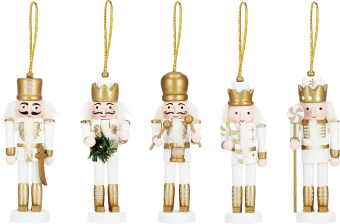 Springos Notenkraker Kerst | Houten Soldaat | Kerstversiering | 5 Stuks | Goud/Wit | 12,5 cm