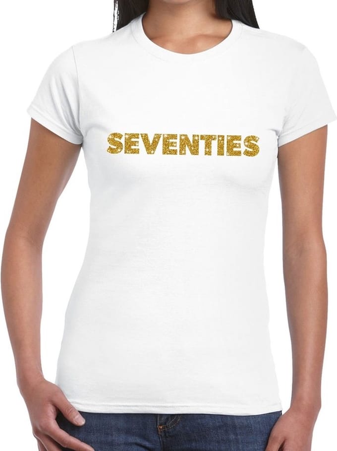 Seventies goud glitter t-shirt wit dames - Jaren 70 kleding M