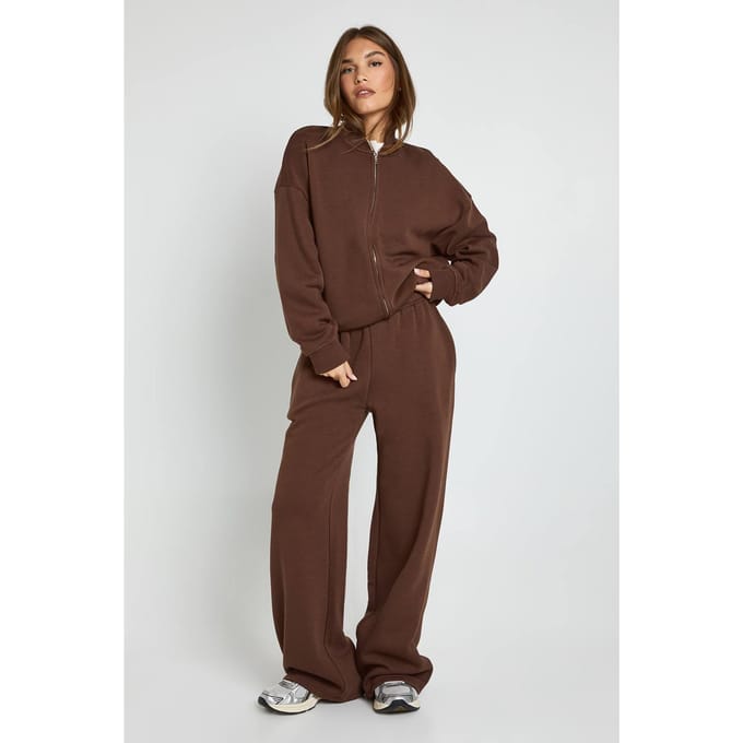 boohoo Dames Bomberjack Wide Leg Jogger Trainingspak | Chocolate | Maat: XL