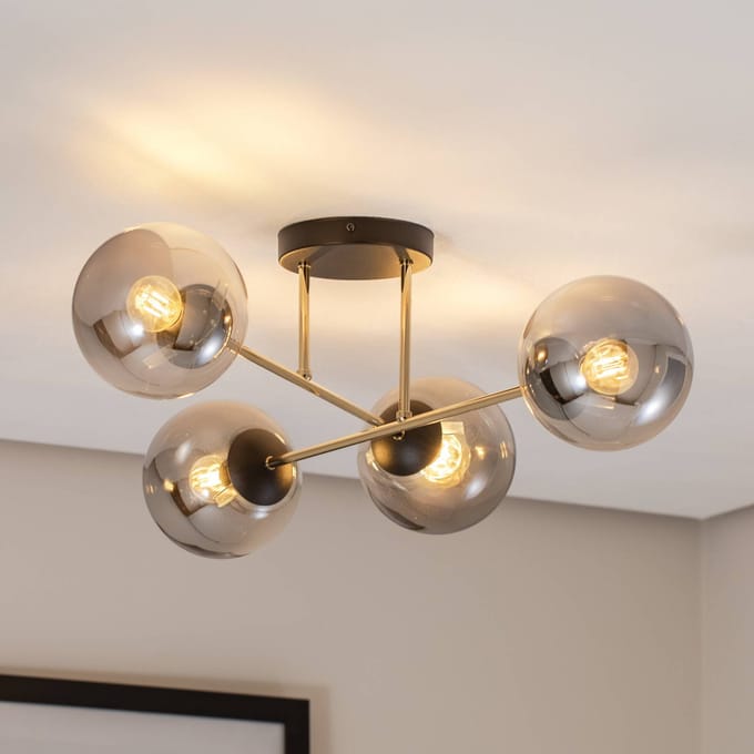 Emibig 4 lamps E14 stijlvolle plafondlamp messing met zwart en fumé bollen - Perfect voor een moderne uitstraling in uw interieur