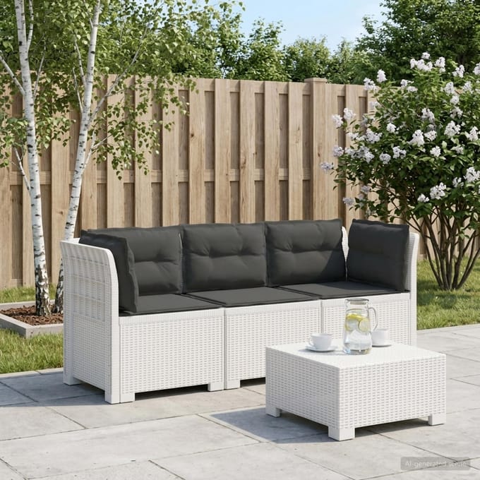 vidaXL - 3-Zits - Tu - bank - met - Kussens - Rattan - Look - PP - Wit