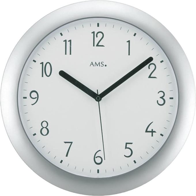 AMS F5843 - Wandklok - Rond - Radiogestuurde tijdsaanduiding - Kunststof - Ø28 cm - Zilverkleurig - Wit