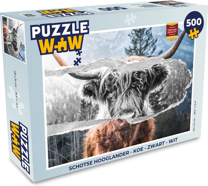 Puzzel Schotse hooglander - Koe - Zwart - Wit - Legpuzzel - Puzzel 500 stukjes