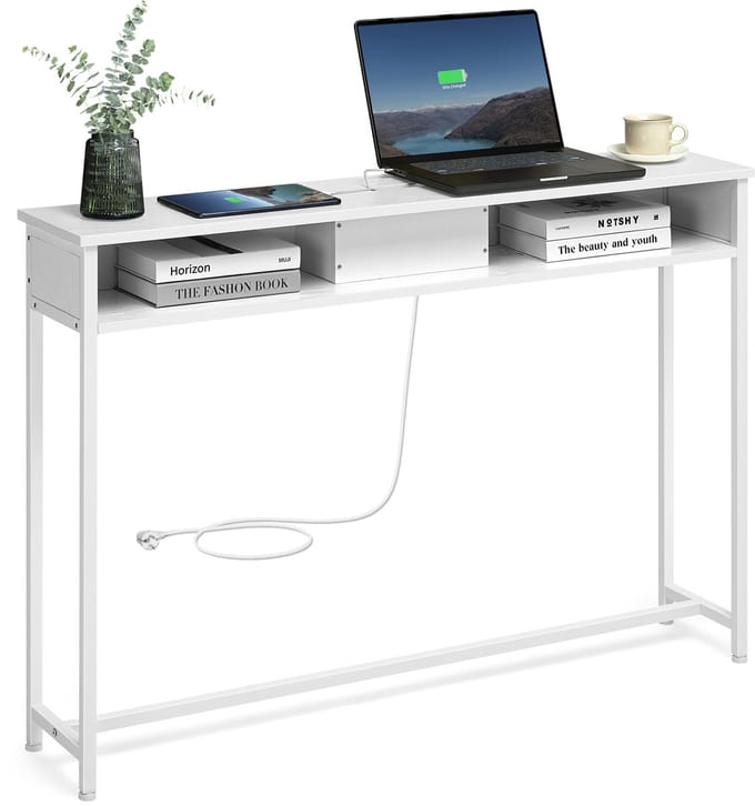 VASAGLE - Consoletafel - Haltafel - Console Tafel met Stopcontacten - 2 Vakken - Smal en Ruimtebesparend