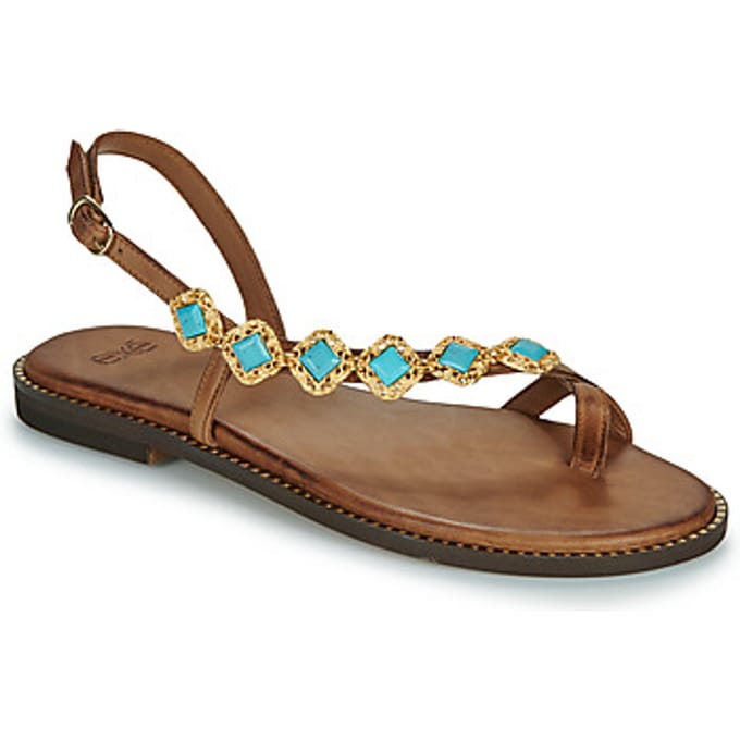 Platte sandalen Exé Shoes 530-MILOS-LEATHER-BROWN-TURQUOISE