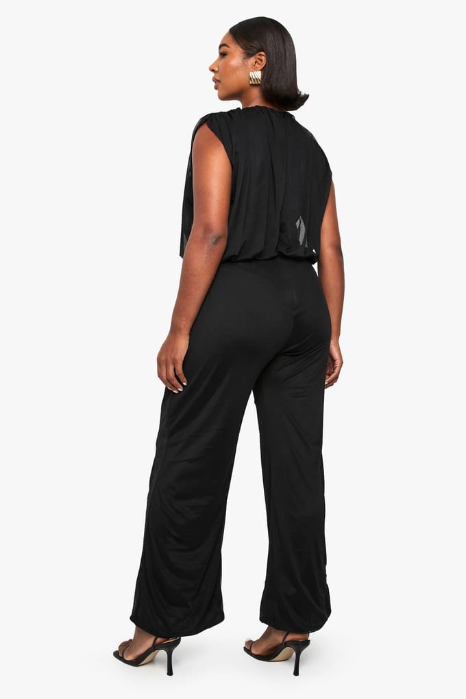 boohoo Dames Plus mesh blouson jumpsuit met wijde pijpen | Black | Maat: 18