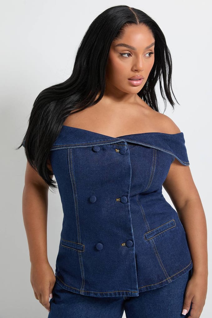boohoo Dames Plus Bardot Button Down Denim Top | Indigo | Maat: 46