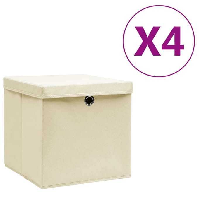 vidaXL - Opbergboxen - met - deksel - 4 - st - 28x28x28 - cm - crèmekleurig