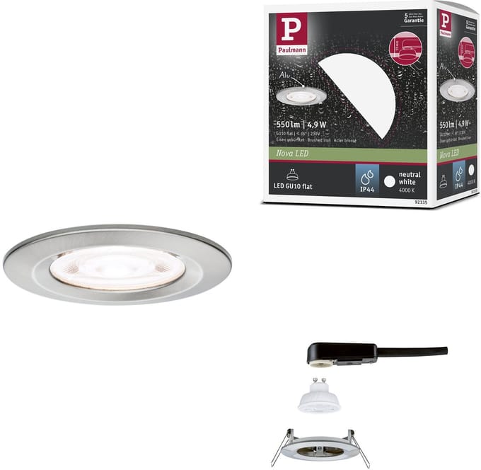 LED-inbouwlamp Nova GU10 Flat stijf IP44 4,9W 550lm 230V 4000K Staal geborsteld