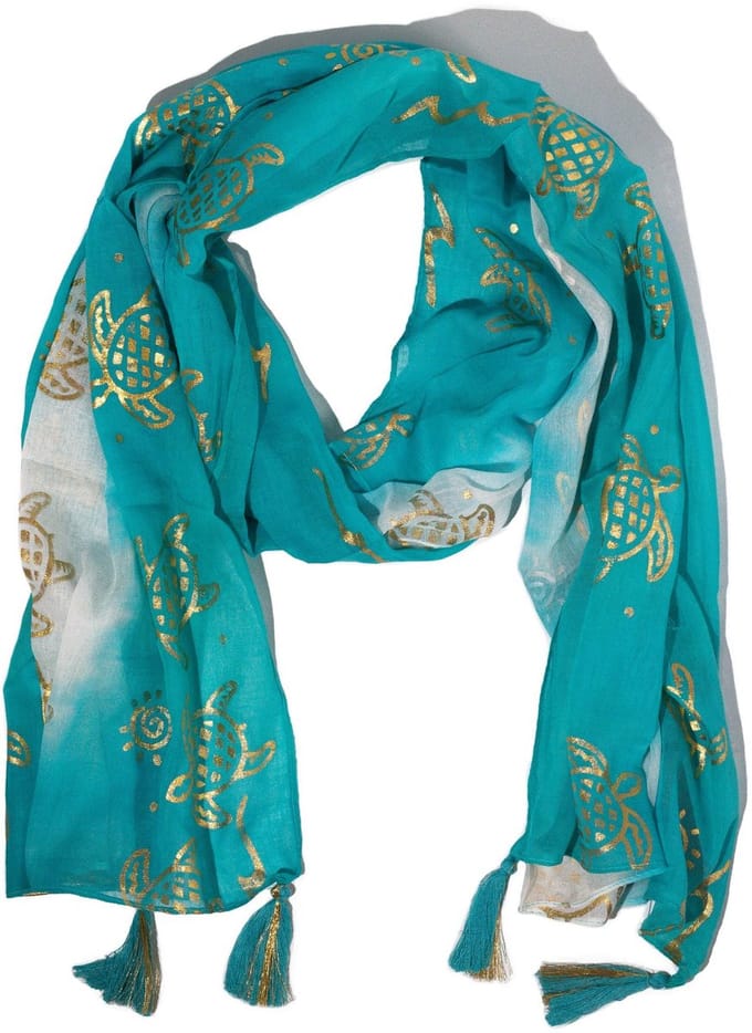 Nomad Sari zomersjaal – Schildpadprint – Turkoois (180 × 50 cm)