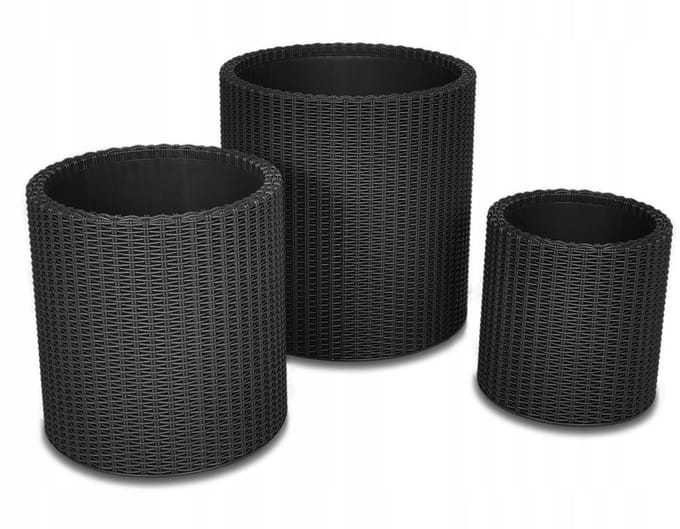 Keter Cylinder Planter - Set van 3 Bloempotten - Antraciet - Rattan-look - S+M+L