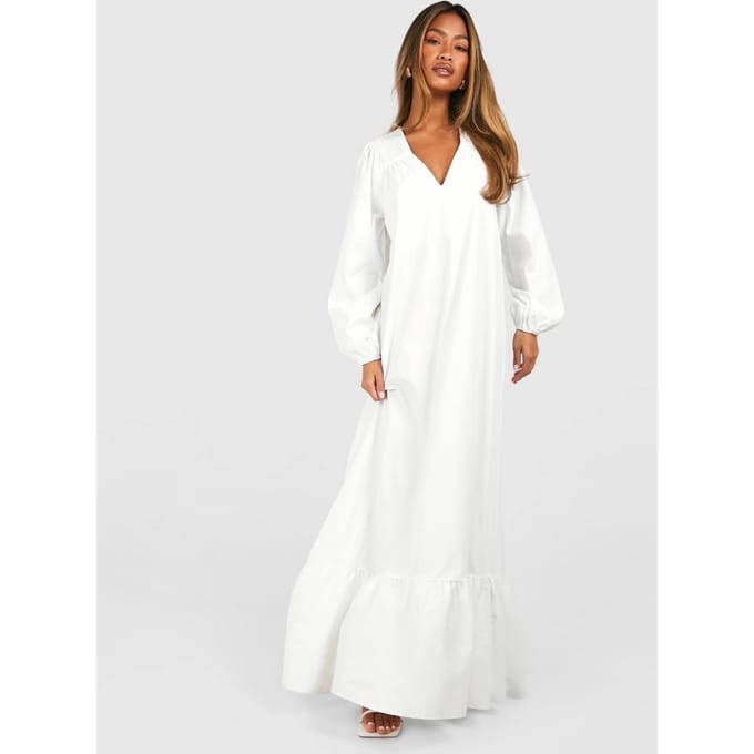 boohoo Dames Poplin Blouson Mouw Trapeze Maxi Jurk | Wit | Maat: 38
