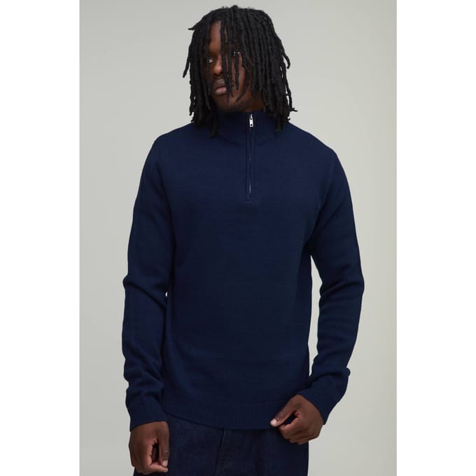 Lange Regular Fit 1/4 Rits Gebreide Trui | Navy | Size Large