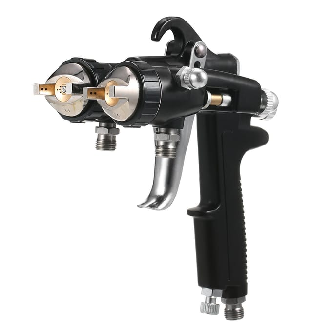 Dubbele 1,4 mm spuitmond, dubbele koppen, twee componenten spiegeleffect, zilverchroom, luchtaangedreven spuitmachine zwart