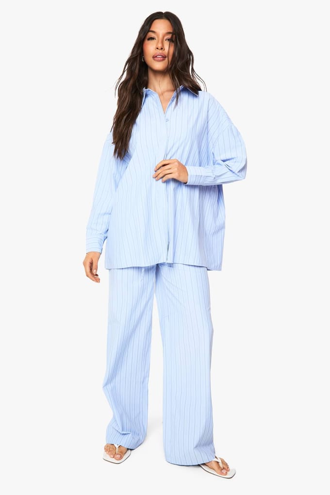 boohoo Dames Stripe Drop Shoulder Oversized Shirt | Blue | Maat: 6