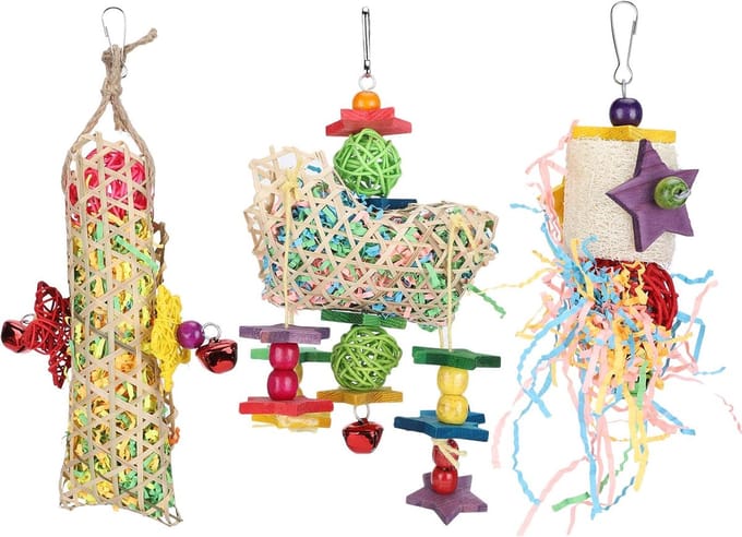 Vogel Speelgoed Set - Knaagspeelgoed - Vogels Vermaken - Handgeweven Rotan - 3 Stuks - Multicolor