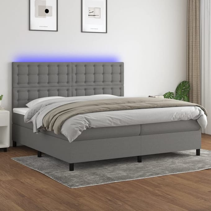 vidaXL - Boxspring - met - matras - en - LED - stof - donkergrijs - 200x200 - cm