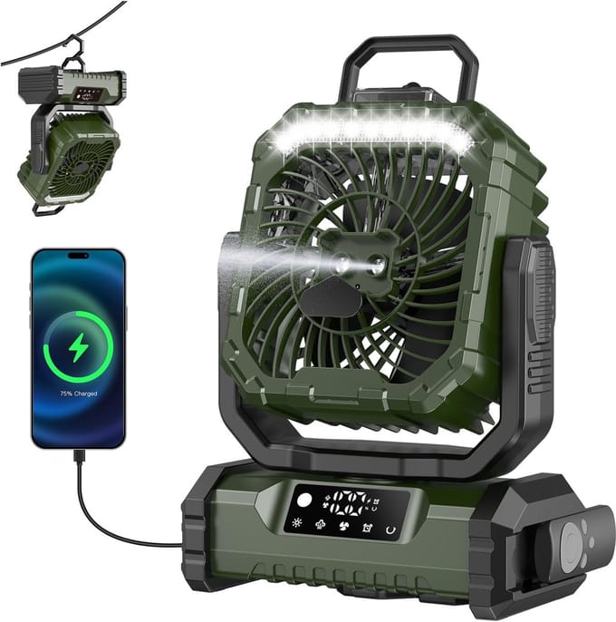 20000mAh camping mistventilator met licht, 90 ° automatisch oscillerende oplaadbare batterijgevoede draagbare mistventilator, 29dB stille bureauventilator voor tent, camper, barbecue, reizen