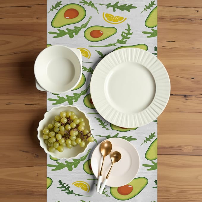 ABAKUHAUS Tafelloper – Fruitprint Avocado & Citroen, 40×180 cm, Groen/Geel