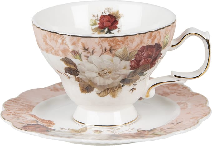 Clayre & Eef Kop en Schotel 200 ml Wit Porselein Bloemen