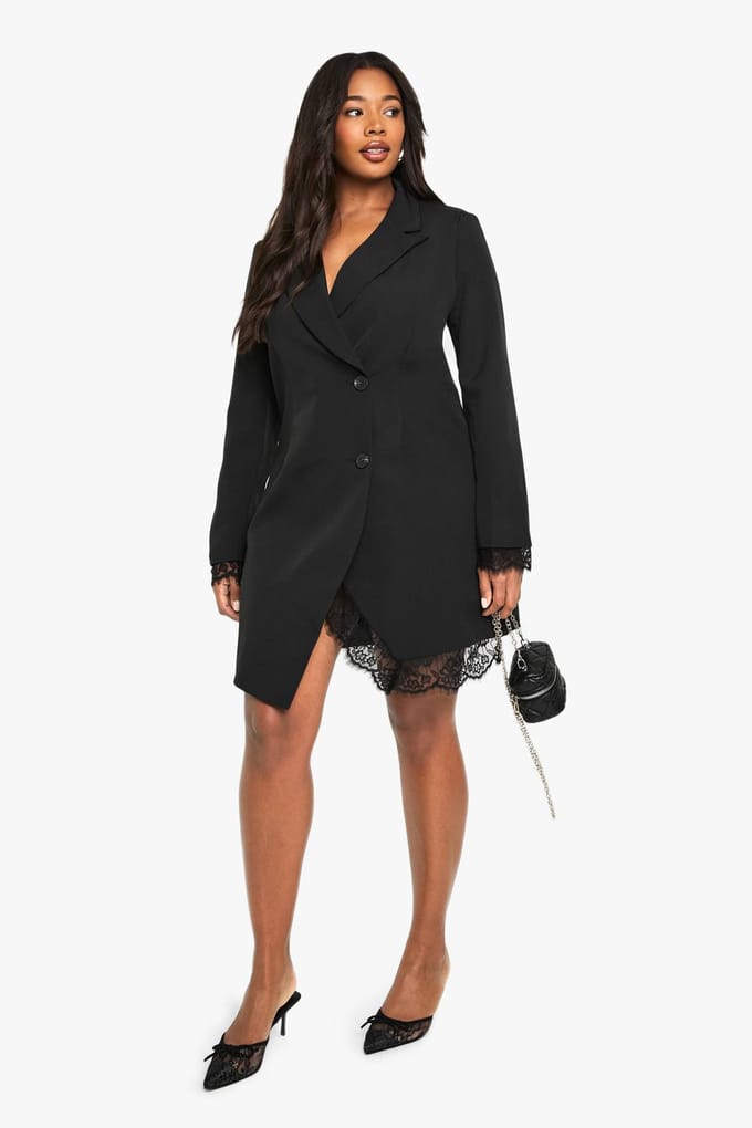 boohoo Dames Plus Lace Insert Blazer Jurk | Black | Maat: 22