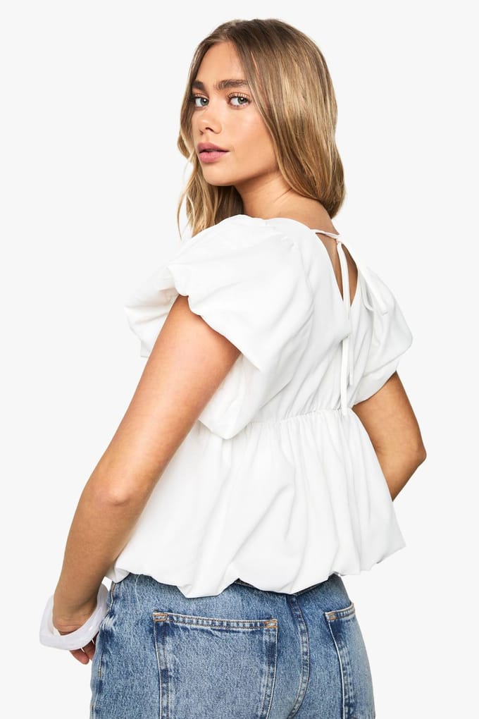 boohoo Dames Poplin Puffball Top | White | Maat: 6